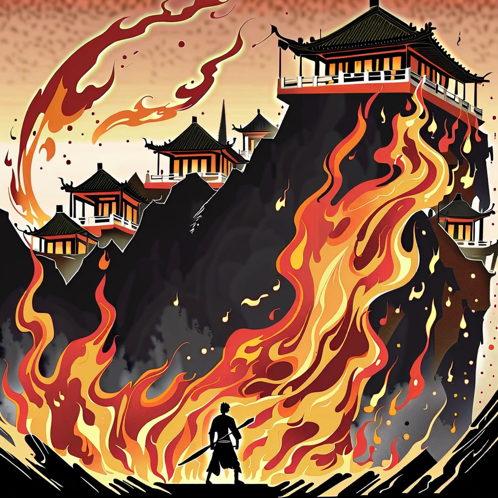 in the foreground is the lower part of the demon black legs bloody fists, (graphic novel style, dark novel style, comic style, 2d:1.5), (hyperrealism, masterpiece:1.4), (colourful, soft cinematic light:1.1), incredibly lifelike, Extremely high-resolution details, 8k, blood dripping, many dead monks in kashaya (lies) with their eyes closed in a blood, blood everywhere, night, outside a Buddhist temple, fire, blood, bald, ((lying on their backs)), (the monks lie bleeding),