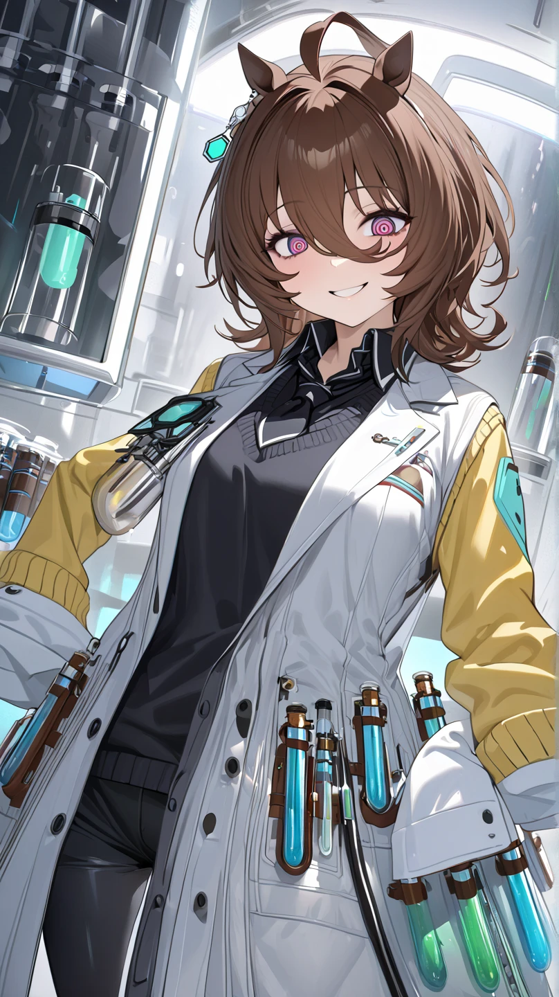  top quality, masterpiece,  high definition ,  Ultra Fine,  high detail, accurate, masterpiece, 
 Agnes Tachyon \(Horse Girl\), 
mad scientist, (Shining Lab:1.2),  single earring,  Long Sleeve ,  sleeves are longer than wrists ,   sleeves are longer than fingers,  colored shirt ,   black shirt ,  yellow sweater ,  sweater vest,  black tuxedo ,  short tie,  open coat, white coat, white, Test tube, bottle, zipper,  black pantyhose , 
Crazy Eyes,smile, 