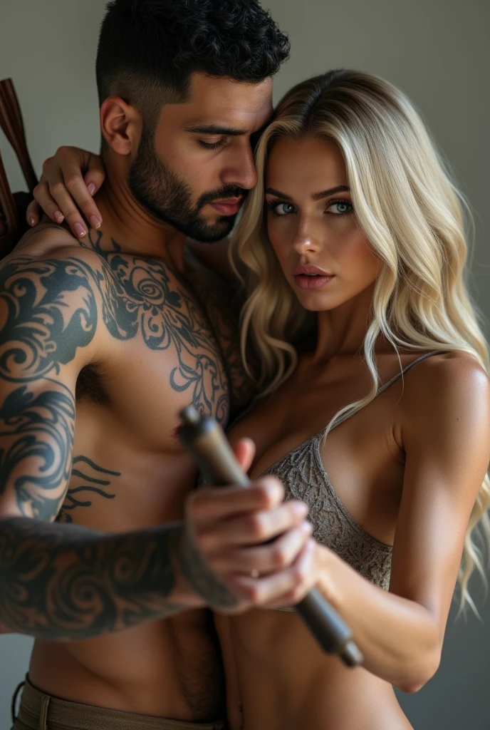 Sacred rebels, an extremely attractive couple. Dark bearded handsome bald shaman man with muscular upper body bare. Blonde fairie-like extremely sexy yogini woman dressed in flirtatious pink skimpy underwear, perky big breasts, plenty of cleavage, hourglass body. Lots of hippie style jewelry. Side by side, touching each other sensually, facing the camera, looking into the camera. General tone of picture is vivid colors, dreamlike, psychedelic.