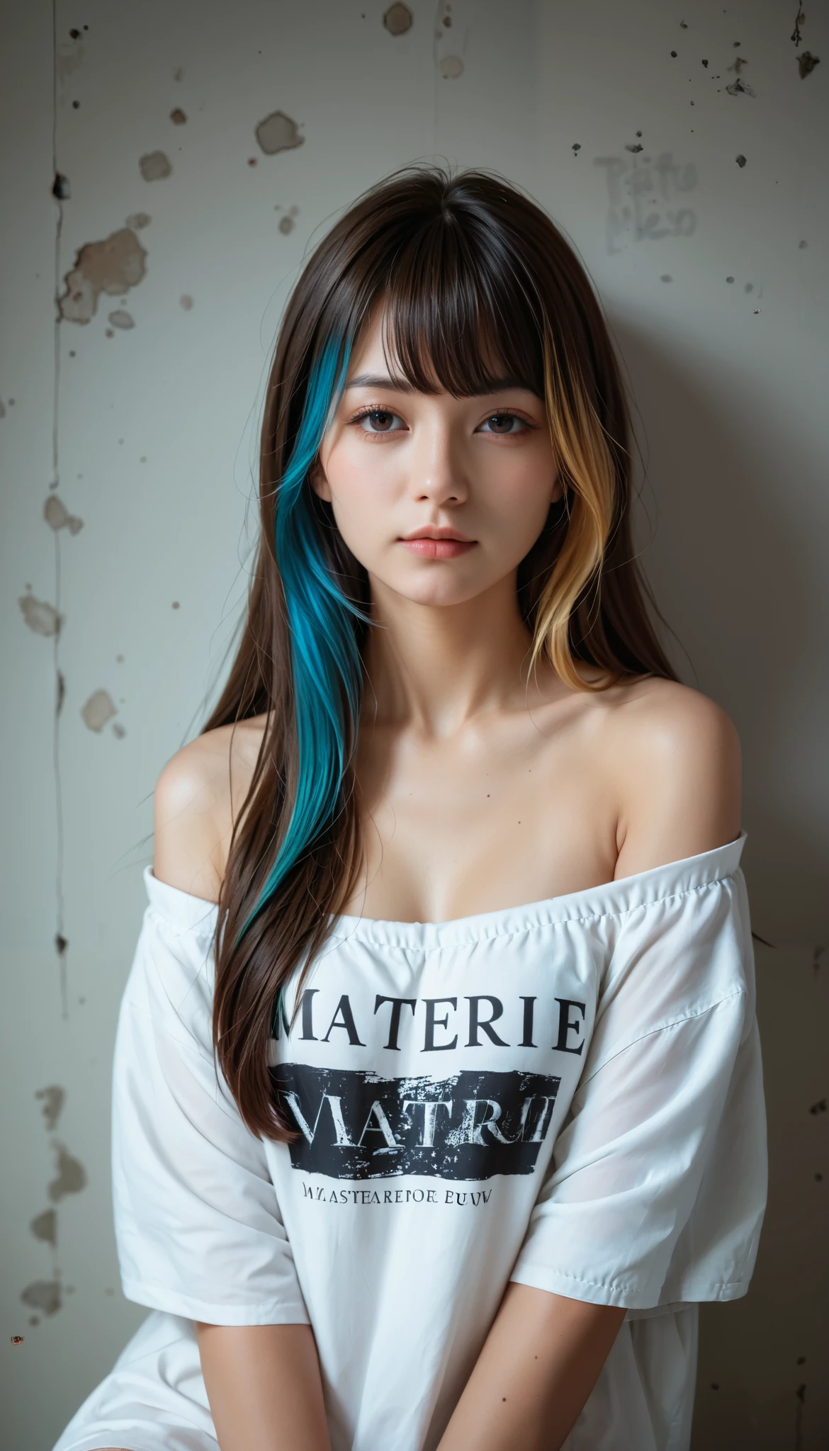 ( top quality, masterpiece:1.2, ultra high resolution , realistic :1.5), RAW photo , Japanese 、One Japanese girl, so cute、 AGER 、 off shoulder , in the dark , deep shadow , Low Key Writing, cool tone , seductive gaze , long straight hair、Very beautiful long hair、bangs, Foggy atmosphere, mystical atmosphere, Subtle Highlights , A dramatic contrast, elegant poses , Intense emotions, Celestial Beauty , Fascinating Darkness, provocative expression