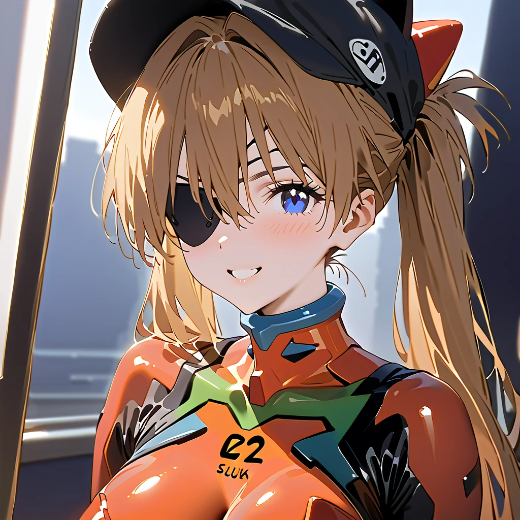         top quality,         top quality,          high quality images       ,     masterpiece  ,              super high resolution       ,             detailed background    ,             Absurd,           Perfect Anatomy     ,     ,      good lighting     ,          Photo Gallery    ,             neon genesis evangelion  、  Shikinami Asuka Langley、  red plug suit  、  eye patch、(Cat hat、black)、smile、 white background 