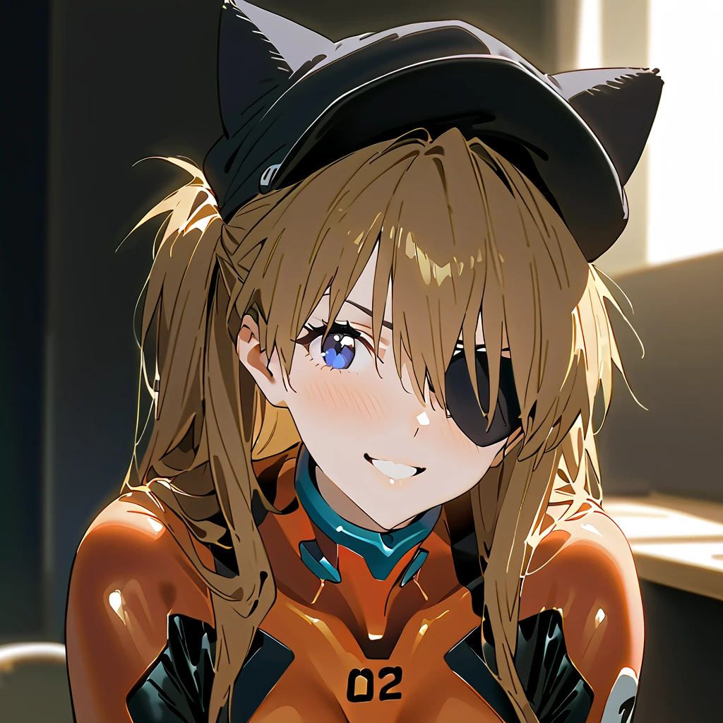         top quality,         top quality,          high quality images       ,     masterpiece  ,              super high resolution       ,             detailed background    ,             Absurd,           Perfect Anatomy     ,     ,      good lighting     ,          Photo Gallery    ,             neon genesis evangelion  、  Shikinami Asuka Langley、  red plug suit  、  eye patch、(Cat hat、black)、smile、 white background 