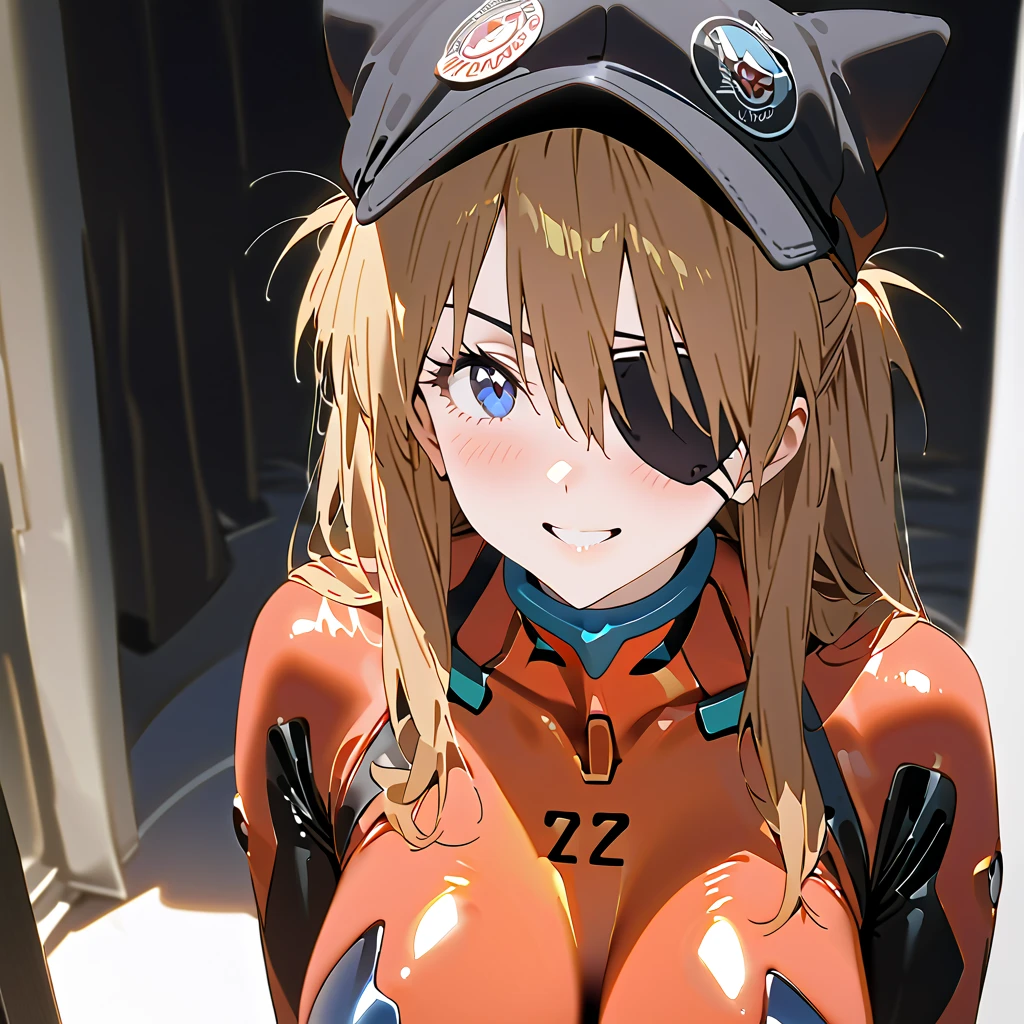         top quality,         top quality,          high quality images       ,     masterpiece  ,              super high resolution       ,             detailed background    ,             Absurd,           Perfect Anatomy     ,     ,      good lighting     ,          Photo Gallery    ,             neon genesis evangelion  、  Shikinami Asuka Langley、  red plug suit  、  eye patch、(Cat hat、black)、smile、 white background 