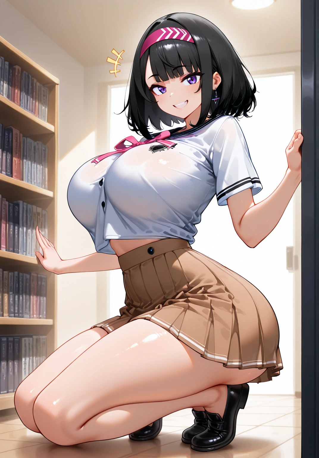 curvy tanned female,huge breasts,boy touching her pussy,on desk,trembling,black short hair,undressed shirt,pleated checked skirt,pov,at library room,lifted medium skirt,vulgar lingerie,orgasm,hairy pussy,wet pussy,look at viewer happily,wet skin,