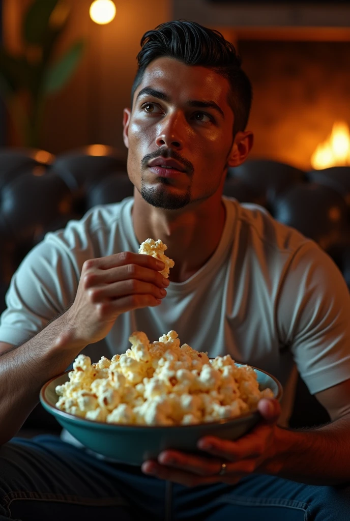 Naked man eating popcorn