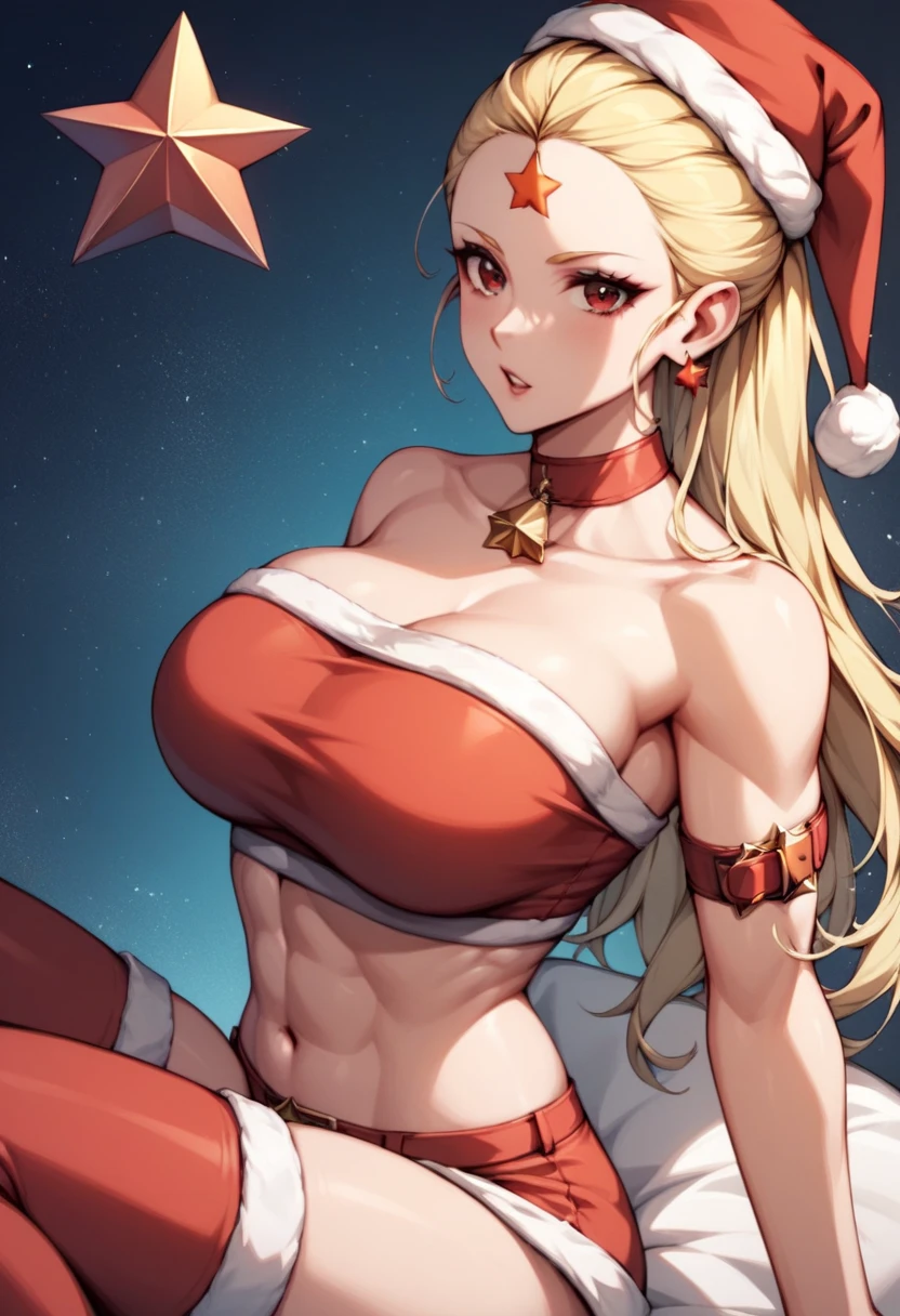 octobriana toned female, solo, (one unique red star on her middle forehead:1.5), blonde hair arranged in a ponytail on top of her head, torso shot, tube bandeau bra, seamless bandeau bra, large breasts,  Fine Eyes ; fully dressed as santa ;  wearing santa hat for Christmas