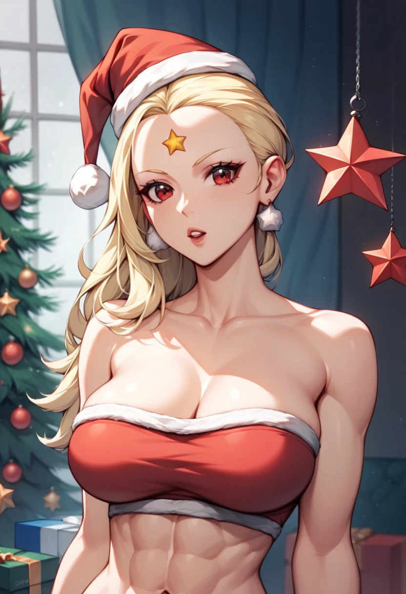 octobriana toned female, solo, (one unique red star on her middle forehead:1.5), blonde hair arranged in a ponytail on top of her head, torso shot, tube bandeau bra, seamless bandeau bra, large breasts,  Fine Eyes ; fully dressed as santa ;  wearing santa hat for Christmas