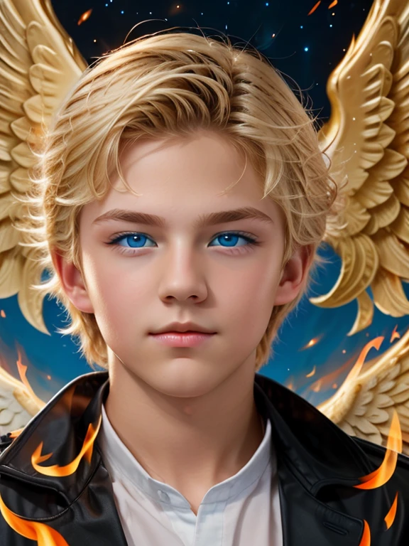 Russian blond boy, like an angel of fire waves with fiery wings,  blue eyes .