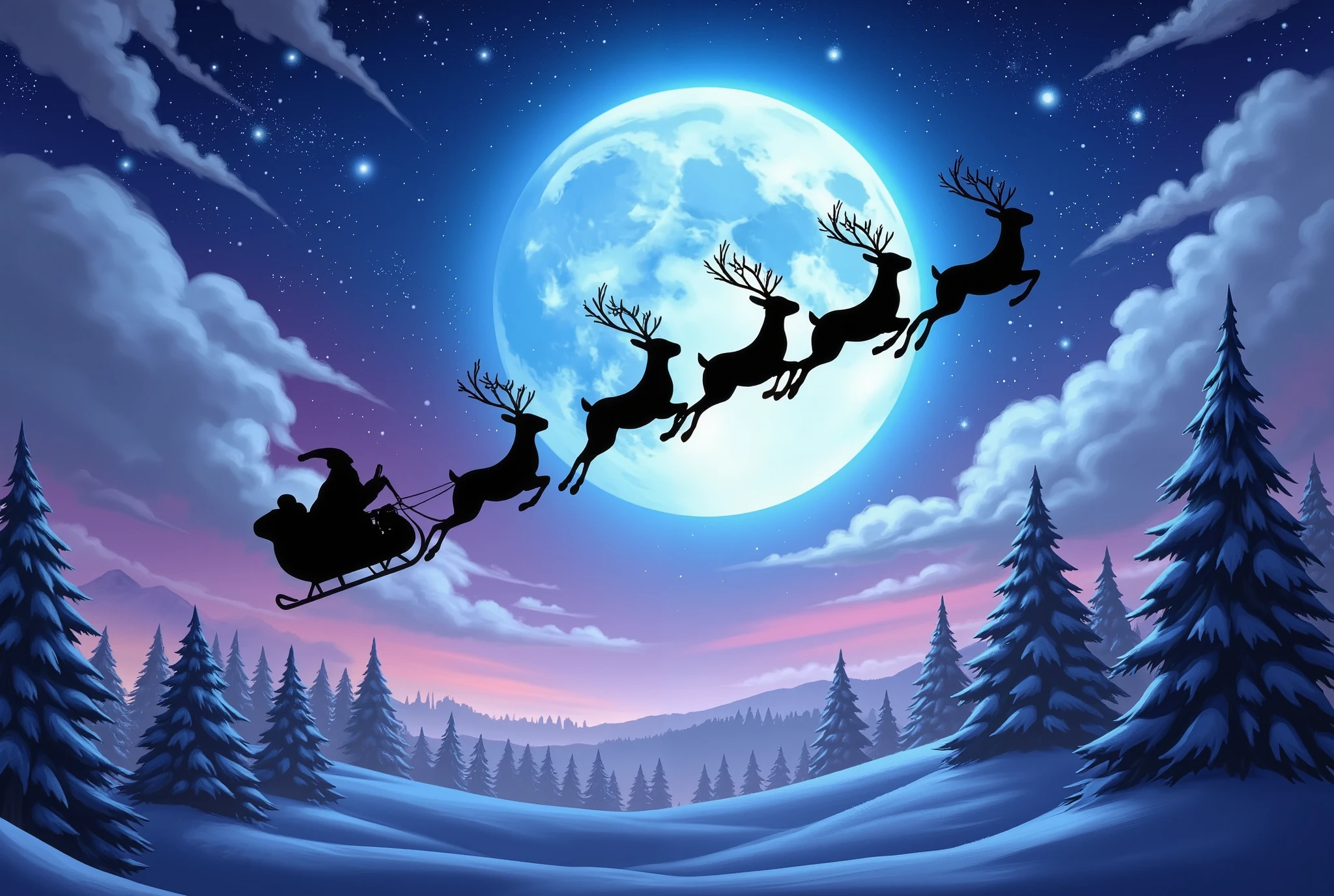 masterpiece, Best Illustration ,The black silhouettes of Santa and the reindeer flying with their backs to the moon are shown,Beautiful colors, christmas eve,,("  merry christmas"Draw the pop characters of:2.0),(Illustration based on white and pink:2.0),( pink background:2.0)