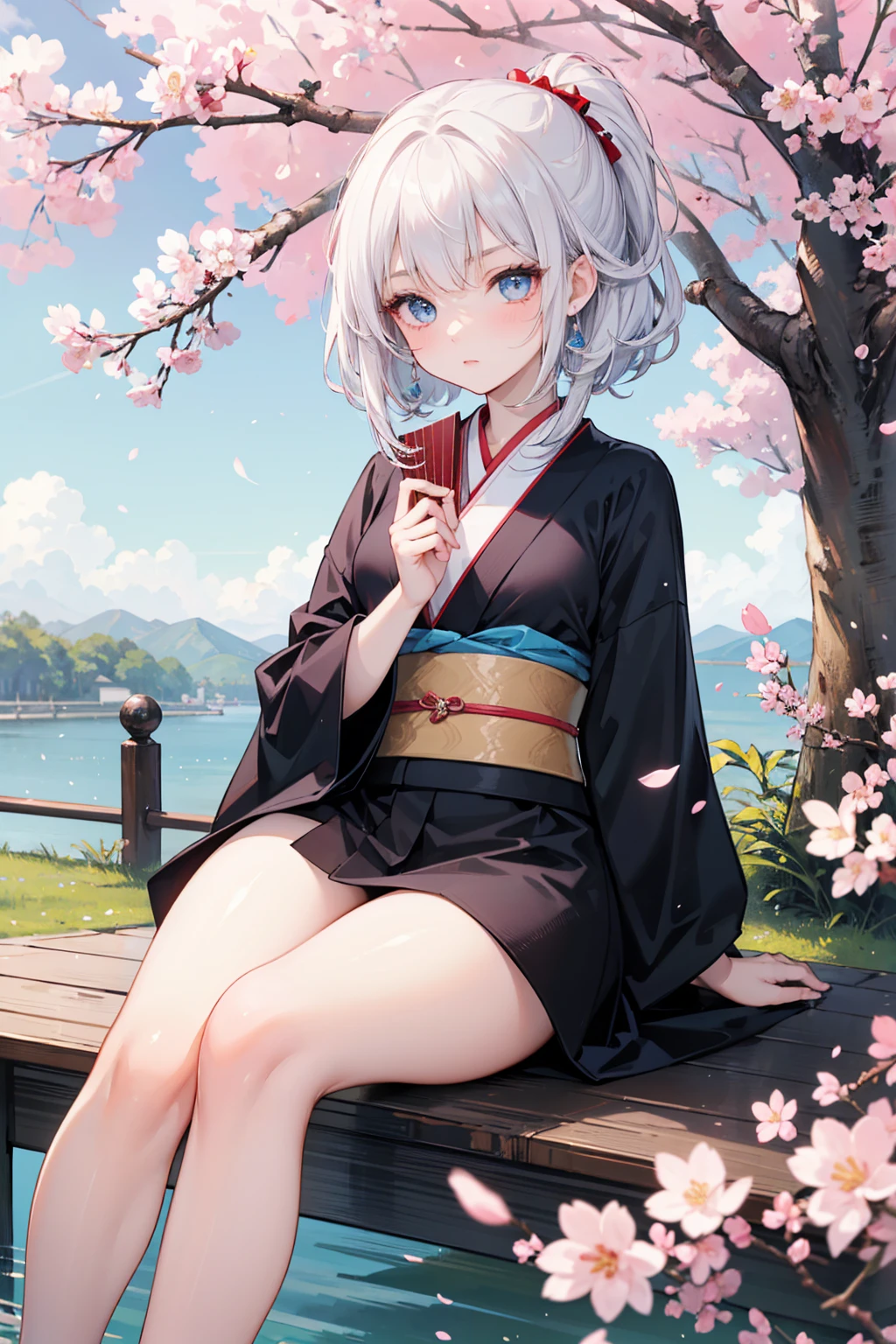cute little、one girls、White Bob Cut、Pink eyes、kimono
