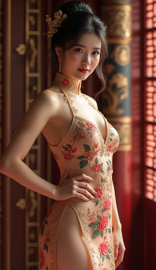 (nsfw:1.2), (1girl, solo:2.0), (beautiful cute Chinese girl, cute JAV idol), (anatomically correct:1.9), (full body, standing:1.9), (sexy lingerie Cheongsam Qipao:1.9), (no bra, braless:2.0), (slender abs:1.5), (detailed realistic skin:1.3), (detailed realistic caramel hair:1.7), (beautiful realistic hairstyle:1.3), (beautiful detailed realistic face:1.9), (realistic eyes:1.5), (extremely detailed realistic eyes:1.5), (perfect eyes:1.5), (extremely detailed realistic pupils:1.5), (extremely detailed realistic eyelashes:1.3), (detailed beautiful realistic little lips:1.5), (closed mouth:1.3), (realistic big breasts:1.7), (masterpiece:1.2), (best quality:1.2), (realistic:1.5), photography, Nikon, 85mm, 8k, sharp focus, high resolution, ultra-detailed,