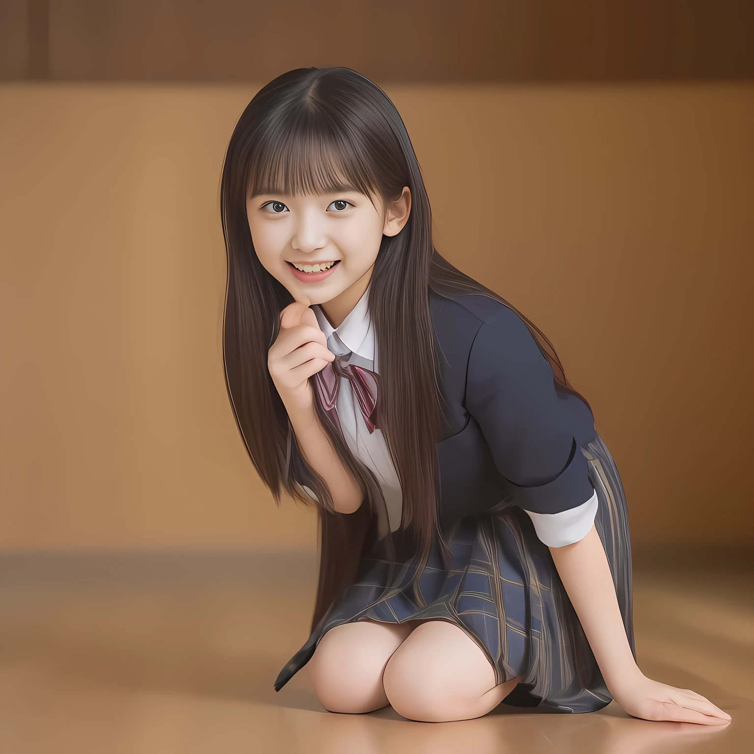 (Highest quality, masterpiece:1.2), Highest quality, High resolution, 1080P, 8k, clearly detailed, low-angle shot, height: 145cm, ((13yo)), (Some 13yo idol girls are inviting, bending down deeply at waist, and looking down at the floor, bending down deeply at her waist, their shining eyes are looking down at the viewer directly, Girls faces are looking down and coming close to the viewer, Low-angle-skirt-close-shot from below the girls' knees, ((skirt close shot)), only high altar of succubus in school underground background: 2.0) (Nobly bowing super-pretty shining-long-hair super-beautiful super-bewitching super-cute expensive school-uniform pretty slender 14yo-fashion-model of most-beautiful-school-uniform-girl-models photo-magazine in Japan, too beautiful aristocratic daughter laughing down at the viewer, in supreme bliss, bowing and accepts the viewer's every desire: 1.8), (long bottom eye-slashes, long top eye-slashes), (very bewitching beautiful full-open lips: 1.4), (neat gorgeous school uniform of private high school in Japan. navy-school-blazer with gold-emblem, super-neat navy-blue-lined-tartan-checkered light-sky-blue-pleats-school-skirt, super-girly plain-red ribbon on the breast: 1.5), (bewitching expression, smile, lips, and pose to corrupt the viewer, everything is planned and prepared to corrupt the viewer into the allusion of love towards the girl: 1.2), (clearly detailed foreground focusing on girl's beauty and cuteness, gorgeous blue girly bed background of full-of-girls girly-heaven: 1.2), (some girls are putting her beautiful both hands and fingers on the viewer to tear off the viewer's cloths lustily and forcibly, which may also open the viewer's brain, pouring her girly white ecstasy drool to the viewer: 1.5), (sky-blue school skirt, beautiful legs, loafers: 1.6), (detailed brown eyes: 1.5), (Strong lustful hypnotic wind blows her hair from her back: 1.4)