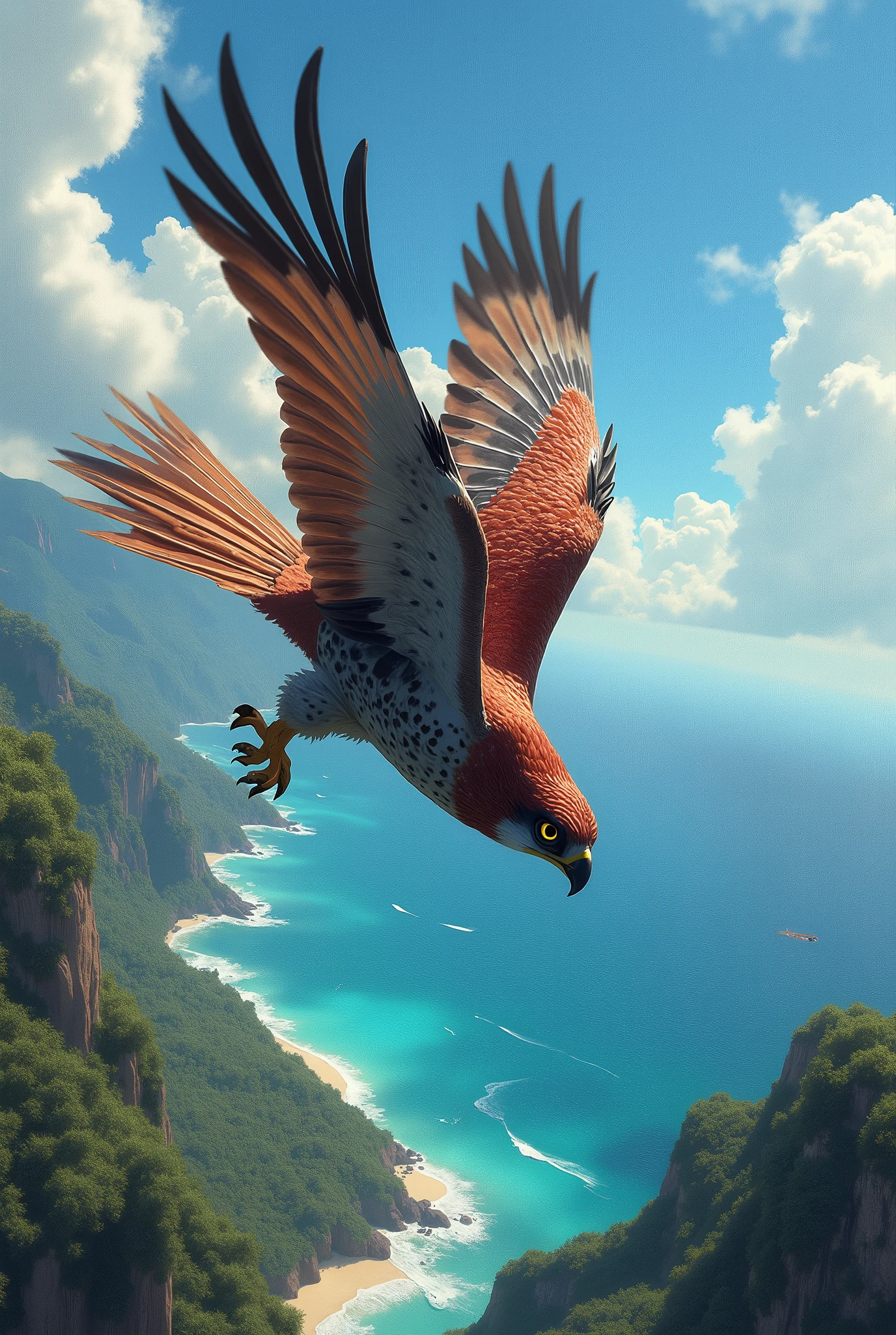 (Ultra-detailed, Fantasy Illustration with Gothic. Rich tone colors.), BREAK (The falcon folds its wings down small, turns its head downward to look down at the sea, and swoops down at a right angle to the surface of the sea. Aiming at its prey below, the falcon swoops down at a speed of 350 kilometers per hour, head down, tail feathers up, body upside down, and flies so that it falls vertically straight down.), BREAK (The sun is shining and the sky is bright blue and clear in midsummer. In the distance, iridocumulus clouds can be seen.), BREAK (A viewpoint looking directly down on the falcon from the sky above, with a small view of the tropical sea and lush green islands below.)