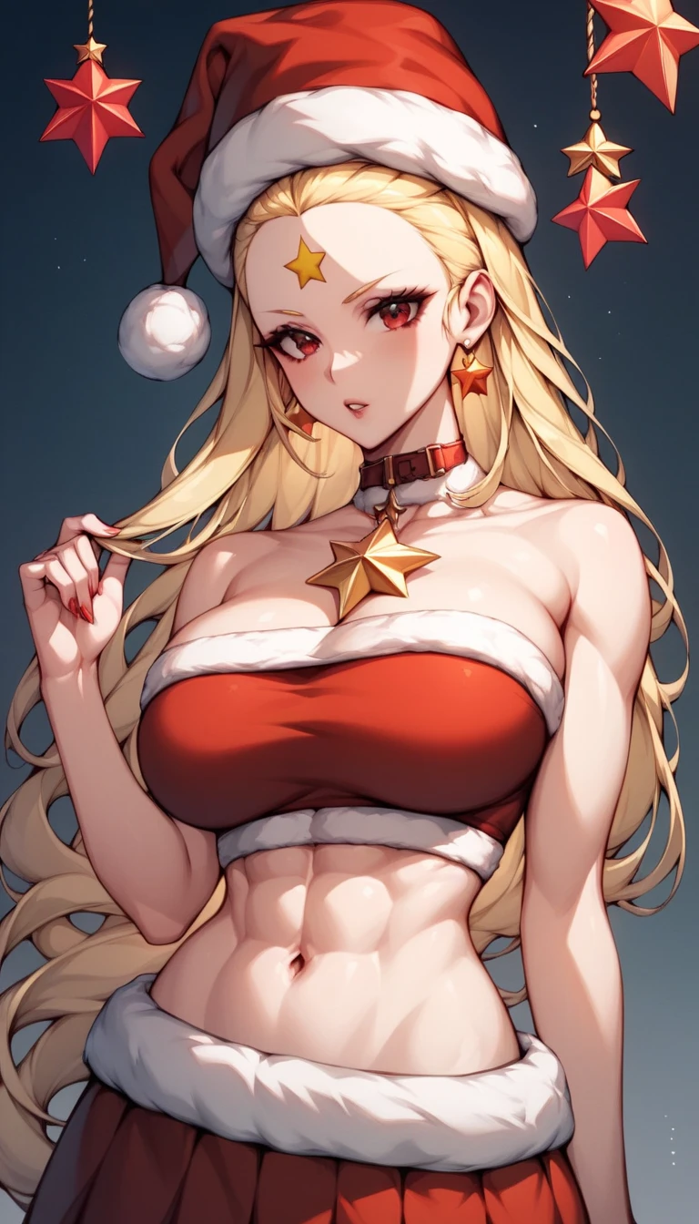 octobriana toned female, solo, (one unique red star on her middle forehead:1.5), blonde hair arranged in a ponytail on top of her head, torso shot, tube bandeau bra, seamless bandeau bra, large breasts,  Fine Eyes ; fully dressed as santa ;  wearing santa hat for Christmas