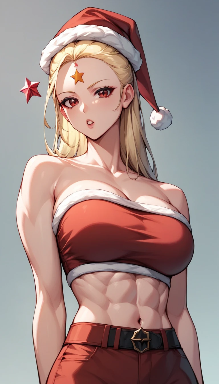 octobriana toned female, solo, (one unique red star on her middle forehead:1.5), blonde hair arranged in a ponytail on top of her head, torso shot, tube bandeau bra, seamless bandeau bra, large breasts,  Fine Eyes ; fully dressed as santa ;  wearing santa hat for Christmas