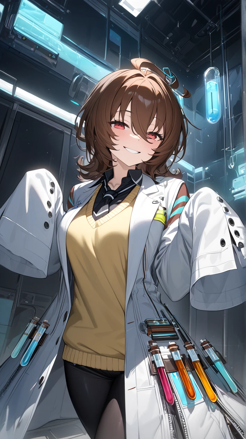  top quality, masterpiece,  high definition ,  Ultra Fine,  high detail, accurate, masterpiece, 
 Agnes Tachyon \(Horse Girl\), brown hair
Mad Scientist, (Shining Lab:1.2),  single earring,  Long Sleeve ,  sleeves are longer than wrists ,   sleeves are longer than fingers,  colored shirt ,   black shirt ,  yellow sweater ,  sweater vest,  black tuxedo ,  short tie,  open coat, white coat, white, Test tube, bottle, zipper,  black pantyhose , 
 slightly crazy smile, low angle,