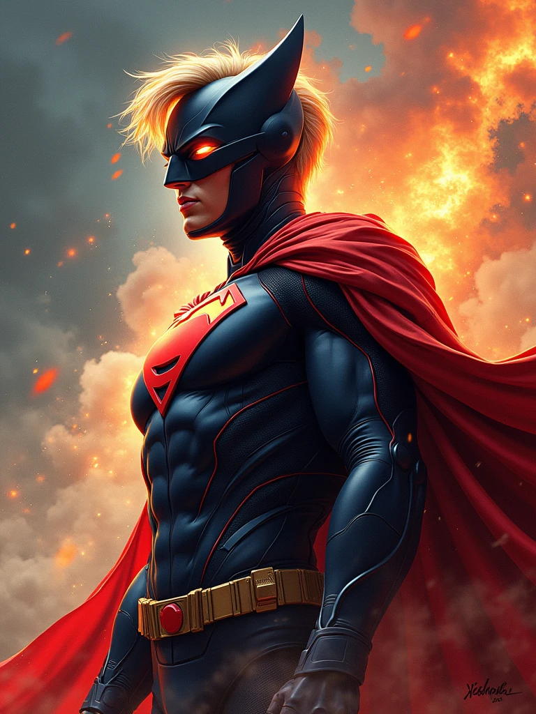 male superhero, in white uniform, red details, red cape, red boots and gloves, white mask,
light skin, no red details between the eyes, with blond hair showing,
symbol of a letter V on the forehead of golden color.
put a white mask on his face, no red details between the eyes, fair skin,
with a symbol on his forehead in the shape of the letter V. --auto