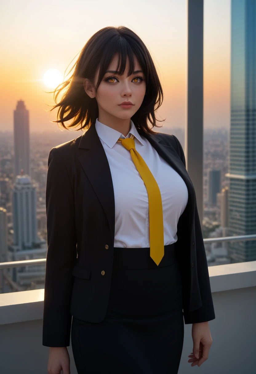 1girl, intricate detail, masterpiece, best quality, extremly detailed,cinematic lighting, beautiful detailed glow, finely detailed beautiful face and eyes, 8k, dark intense shadows, yellow eyes, medium hair, black hair, bangs, floating hair, black jacket, open jacket, white shirt, expressionless, yellow necktie, black skirt, spotlight, sunshine, sunrise, gradient sky, city, lens flare, cowboy shot, [[curvy]], [mature female]