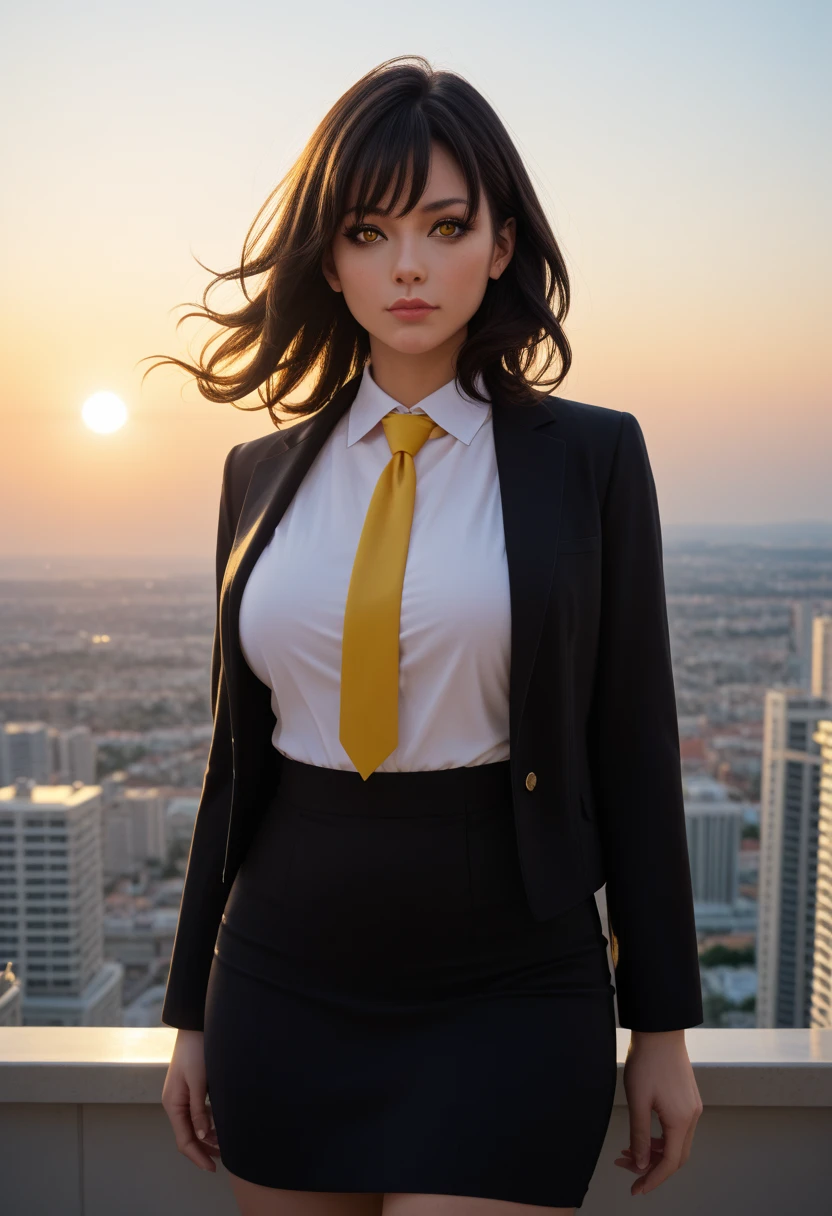 1girl, intricate detail, masterpiece, best quality, extremly detailed,cinematic lighting, beautiful detailed glow, finely detailed beautiful face and eyes, 8k, dark intense shadows, yellow eyes, medium hair, black hair, bangs, floating hair, black jacket, open jacket, white shirt, expressionless, yellow necktie, black skirt, spotlight, sunshine, sunrise, gradient sky, city, lens flare, cowboy shot, [[curvy]], [mature female]