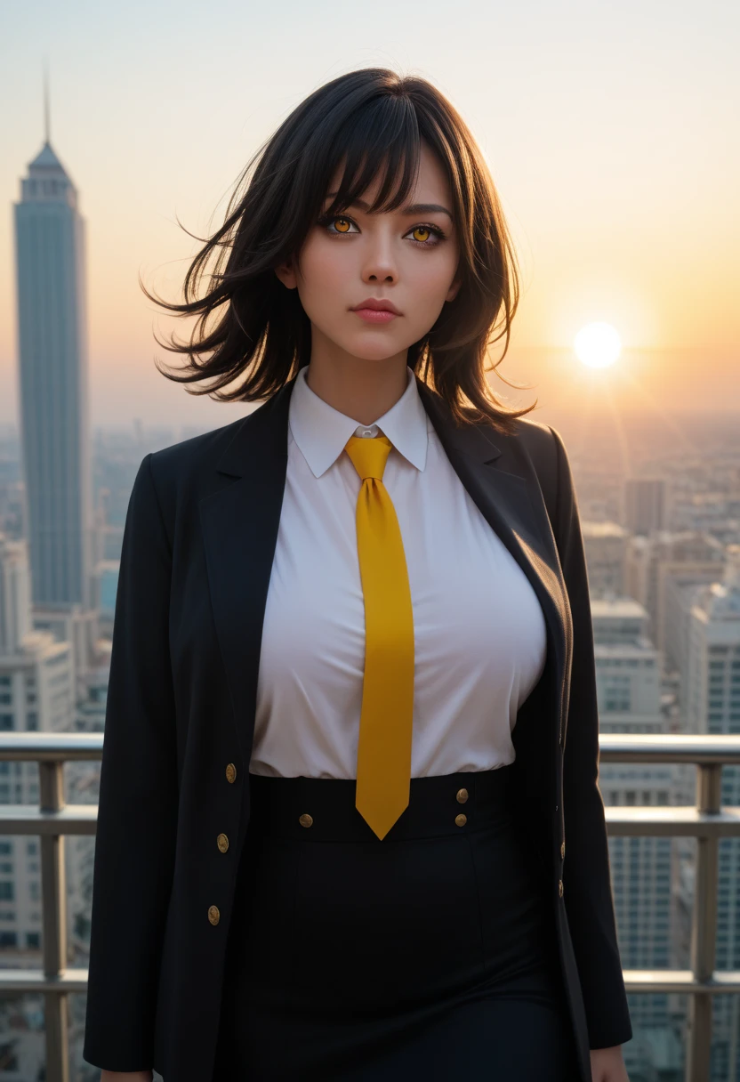 1girl, intricate detail, masterpiece, best quality, extremly detailed,cinematic lighting, beautiful detailed glow, finely detailed beautiful face and eyes, 8k, dark intense shadows, yellow eyes, medium hair, black hair, bangs, floating hair, black jacket, open jacket, white shirt, expressionless, yellow necktie, black skirt, spotlight, sunshine, sunrise, gradient sky, city, lens flare, cowboy shot, [[curvy]], [mature female]