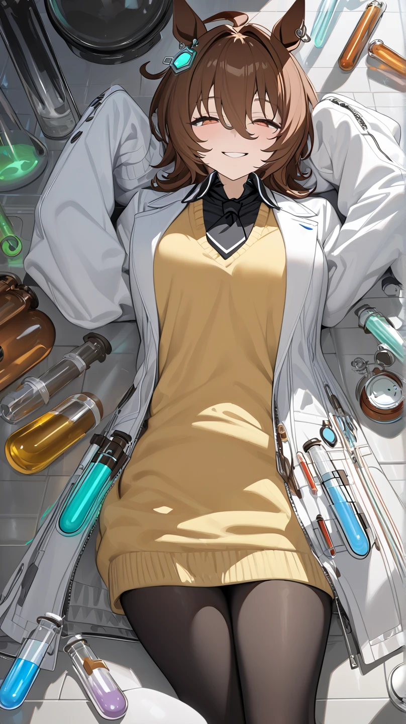  top quality, masterpiece,  high definition ,  Ultra Fine,  high detail, accurate, masterpiece, 
 Agnes Tachyon \(Horse Girl\), brown hair
Mad Scientist, (Shining Lab:1.2),  single earring,  Long Sleeve ,  sleeves are longer than wrists ,   sleeves are longer than fingers,  colored shirt ,   black shirt ,  yellow sweater ,  sweater vest,  black tuxedo ,  short tie,  open coat, white coat, white, Test tube, bottle, zipper,  black pantyhose , 
 slightly crazy smile, sleep on the floor,Lie down on the floor, raise both arms above head