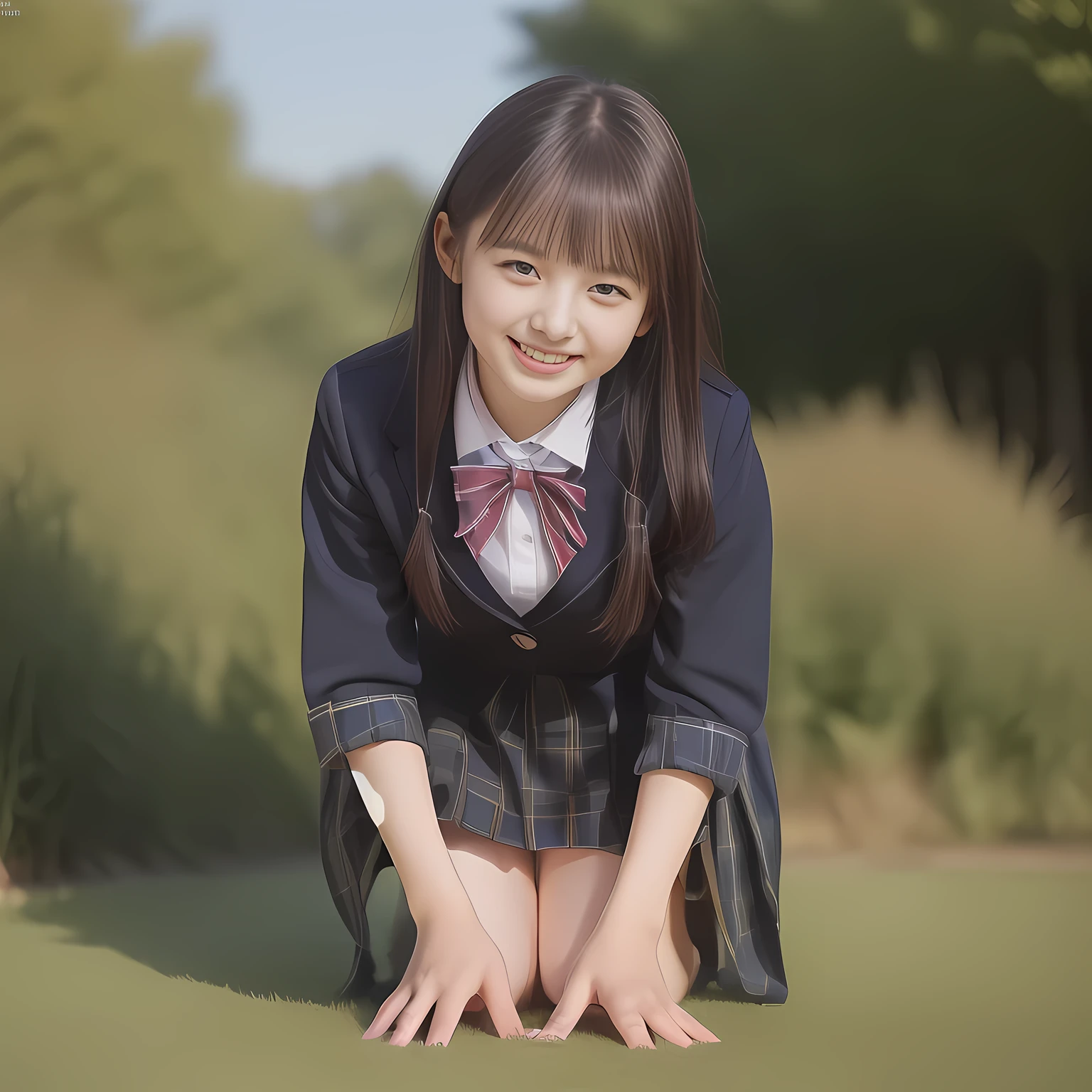 (Highest quality, masterpiece:1.2), Highest quality, High resolution, 1080P, 8k, clearly detailed, low-angle shot, height: 145cm, ((13yo)), (Some 13yo idol girls are inviting, bending down deeply at waist, and looking down at the floor, bending down deeply at her waist, their shining eyes are looking down at the viewer directly, Girls faces are looking down and coming close to the viewer, Low-angle-skirt-close-shot from below the girls' knees, ((skirt close shot)), only high altar of succubus in school underground background: 2.0) (Nobly bowing super-pretty shining-long-hair super-beautiful super-bewitching super-cute expensive school-uniform pretty slender 14yo-fashion-model of most-beautiful-school-uniform-girl-models photo-magazine in Japan, too beautiful aristocratic daughter laughing down at the viewer, in supreme bliss, bowing and accepts the viewer's every desire: 1.8), (long bottom eye-slashes, long top eye-slashes), (very bewitching beautiful full-open lips: 1.4), (neat gorgeous school uniform of private high school in Japan. navy-school-blazer with gold-emblem, super-neat navy-blue-lined-tartan-checkered light-sky-blue-pleats-school-skirt, super-girly plain-red ribbon on the breast: 1.5), (bewitching expression, smile, lips, and pose to corrupt the viewer, everything is planned and prepared to corrupt the viewer into the allusion of love towards the girl: 1.2), (clearly detailed foreground focusing on girl's beauty and cuteness, gorgeous blue girly bed background of full-of-girls girly-heaven: 1.2), (some girls are putting her beautiful both hands and fingers on the viewer to tear off the viewer's cloths lustily and forcibly, which may also open the viewer's brain, pouring her girly white ecstasy drool to the viewer: 1.5), (sky-blue school skirt, beautiful legs, loafers: 1.6), (detailed brown eyes: 1.5), (Strong lustful hypnotic wind blows her hair from her back: 1.4)