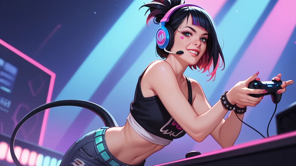 A woman in her 20s is DJing in a club. Twin-tail hair, black hair, two-tone hair at the end of the hair, a pastel-toned atmosphere with high chroma in the background of the club. she is wearing a headset on my head, and she is wearing clothes that are not too revealing but have the right vibe for the club. There is a DJ controller in the picture.