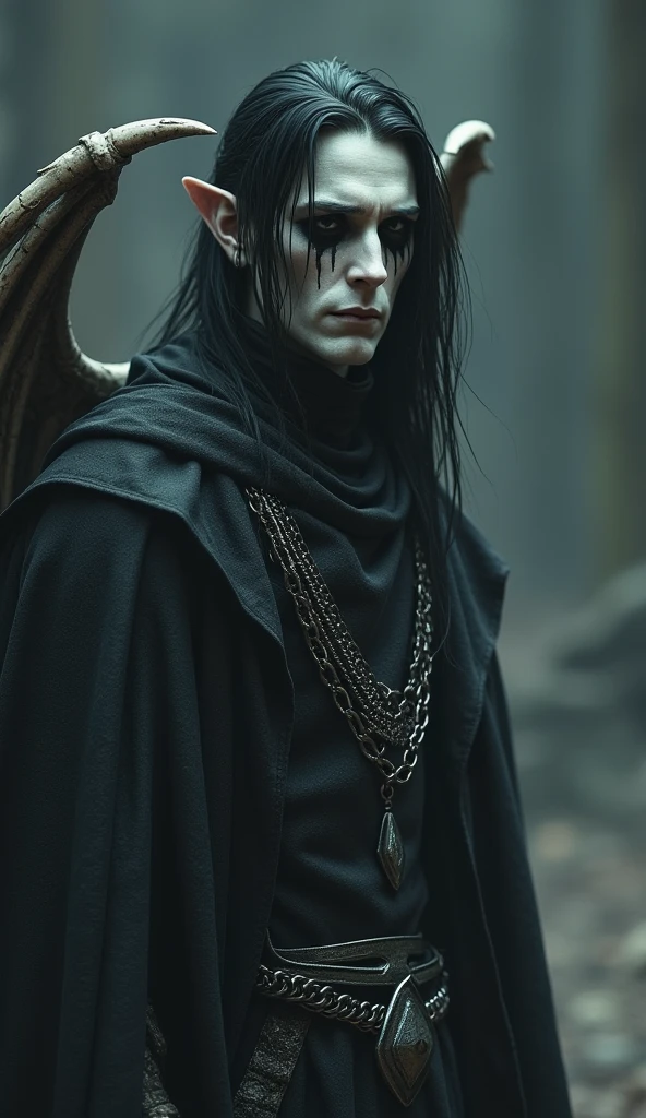 Create warrior man, with pale, almost white skin and long, dark hair, with a serene appearance, almost without expression, wearing chainmail without the armor on top, make his eyes completely black(including the white part) and black tears streaming from his eyes with a pair of skeletal wings on his back