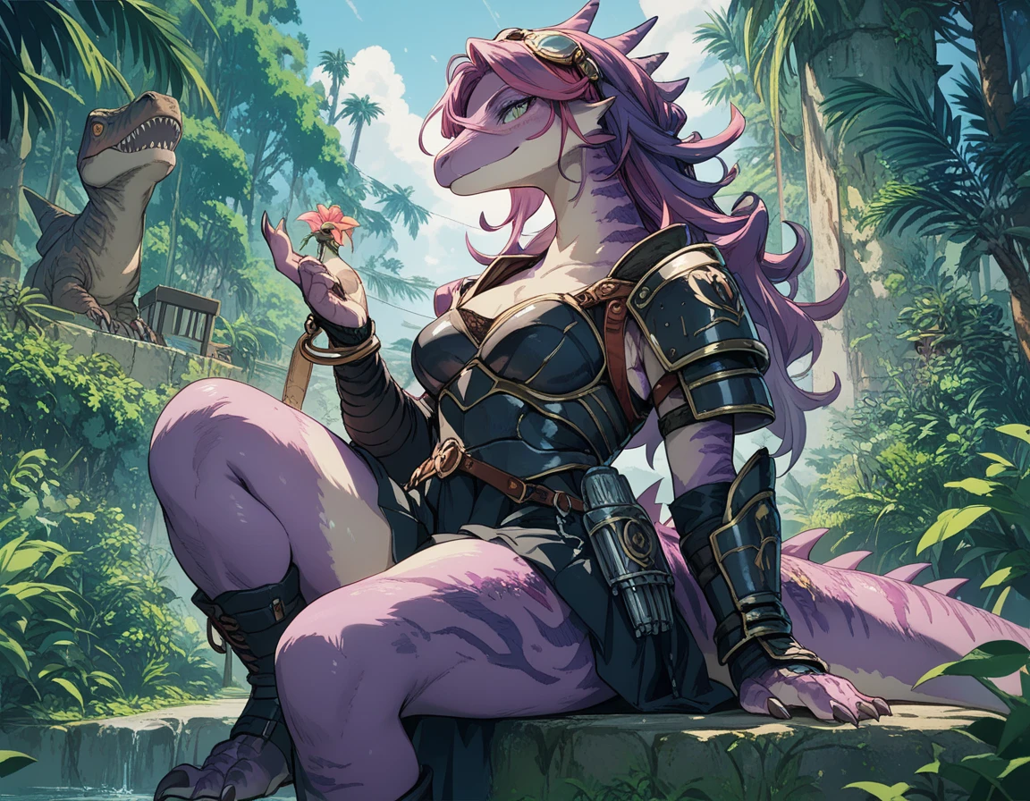 Female dragon. Dinosaur elements. Furry female. Purple furry. Scales. Black armor. Poison aura. Thick legs. Sitting. Wilderness. Anime style.