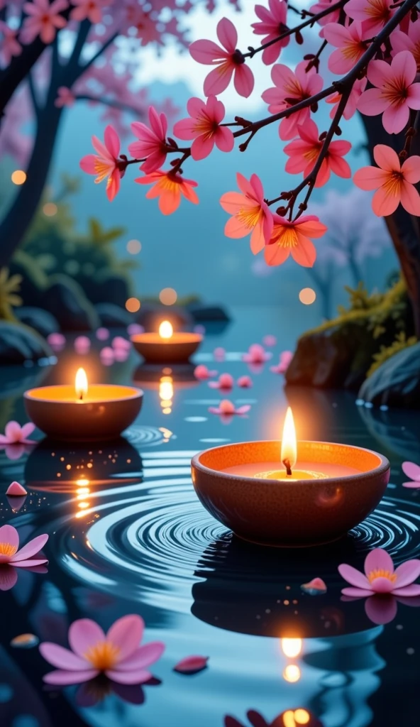 A hyper-realistic, 8K, high-resolution and ultra-detailed magical scene featuring glowing candle bowls floating on a calm, reflective water surface. The warm golden light from the candles illuminates the surroundings, creating intricate reflections and soft ripples in the water. Delicate cherry blossoms in full bloom hang gracefully from branches, their soft pink petals gently scattered on the water. Ethereal glowing light particles drift through the air, adding to the mystical and serene atmosphere. The background features a dreamy bokeh effect in soft blue and purple hues, enhancing the realism and enchantment of the scene. The overall composition is serene, realistic, and breathtaking, with an emphasis on fine details, light play, and vibrant colors.