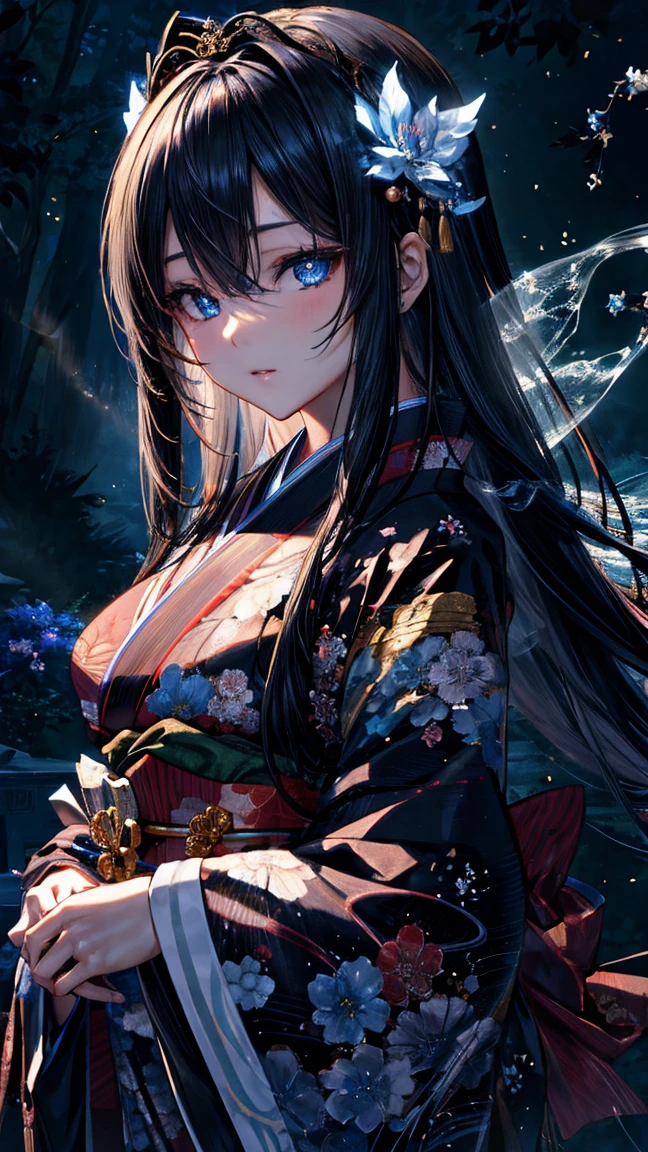 DOANyotengu,Female tengu,One girl,Long black hair,bangs,blunt bangs,Large Chest, hair ornaments, Red eyes,Hair Tube, Mole under the mouth,Hime cut,
On the back there are large black wings,Hair Tube, Cleavage, Bare shoulders,Removable sleeves,kimono,hair ornaments ワイドスリーブ,kimono,Hairpin,
bitch,　dynamic pose,　night,old,Shineオーラ,moon,star,Red shiny edges,water surface,autumn,in the forest,Emitting an aura,Shine,fine particles of light,water surfaceにmoonが写る,Japanese style,
