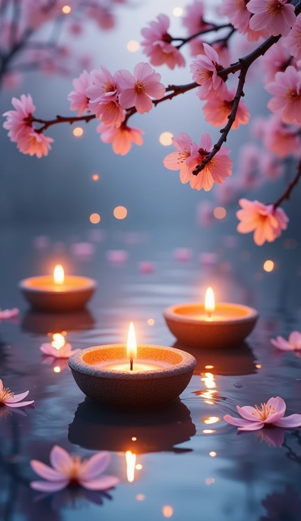 A hyper-realistic, 8K, high-resolution and ultra-detailed magical scene featuring glowing candle bowls floating on a calm, reflective water surface. The warm golden light from the candles illuminates the surroundings, creating intricate reflections and soft ripples in the water. Delicate cherry blossoms in full bloom hang gracefully from branches, their soft pink petals gently scattered on the water. Ethereal glowing light particles drift through the air, adding to the mystical and serene atmosphere. The background features a dreamy bokeh effect in soft blue and purple hues, enhancing the realism and enchantment of the scene. The overall composition is serene, realistic, and breathtaking, with an emphasis on fine details, light play, and vibrant colors.