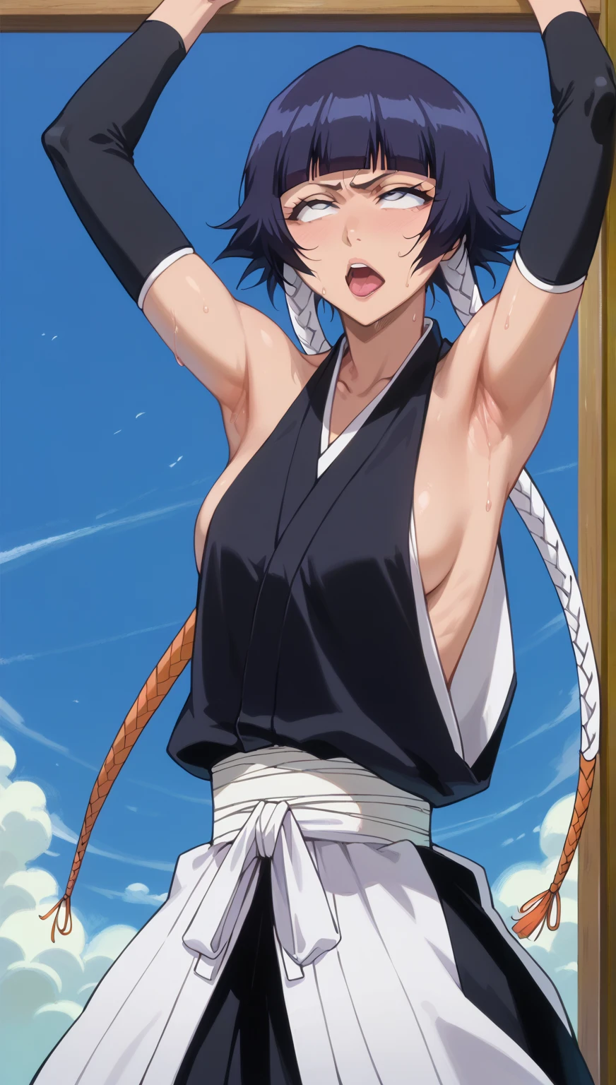 whole body、、     sweated、   、close-up、、、Soi Fon、 、Bleach、Bleach、Black Hair, 1girl, breasts, soifon, japanese clothes, sideboob, hip vent, detached sleeves, bare shoulders, small breasts, armpits, showing armpits, arms up,   seductive eyes,
rolling eyes,white eyes,sleeply,open mouth,more sweat,kneel down,full body.