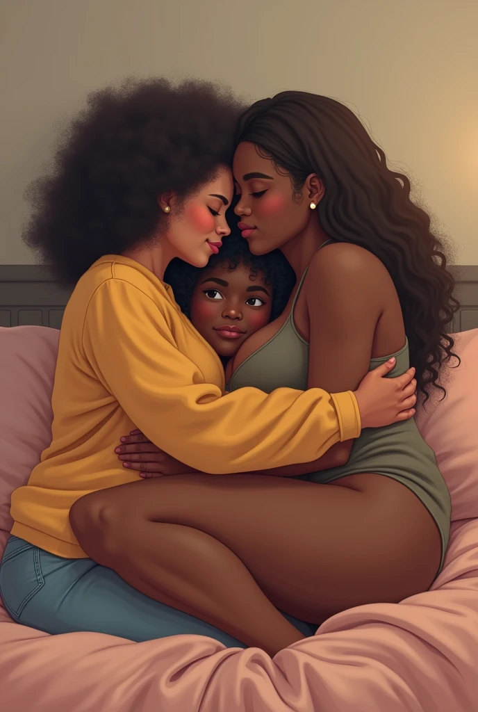 three women sitting under a big wedding table, realistic artstyle, the Black skinned girls knowingly look at each about the sexual adventure they will take their new friend laying on the floor, there are two sets of legs per woman and child seated at the table, the white skinned girl is conservative but aroused, the girls off center are big boned black skinned African girls with medium afro hairstyles, they are holding her and kissing white skinned girl, casual pose, the flanking girls want to kiss the white skinned girl, realistic style, official fanart, realism artstyle, hyperrealistic teen, high quality fanart, background artwork, calmly conversing 8k, realistic art style, relaxed poses, 3 young and beautiful girls, detailed realistic expressions, realistic picture   a black skinned girl is kissing white skinned girl's neck, wet and parted lips, align torso with the legs, 
