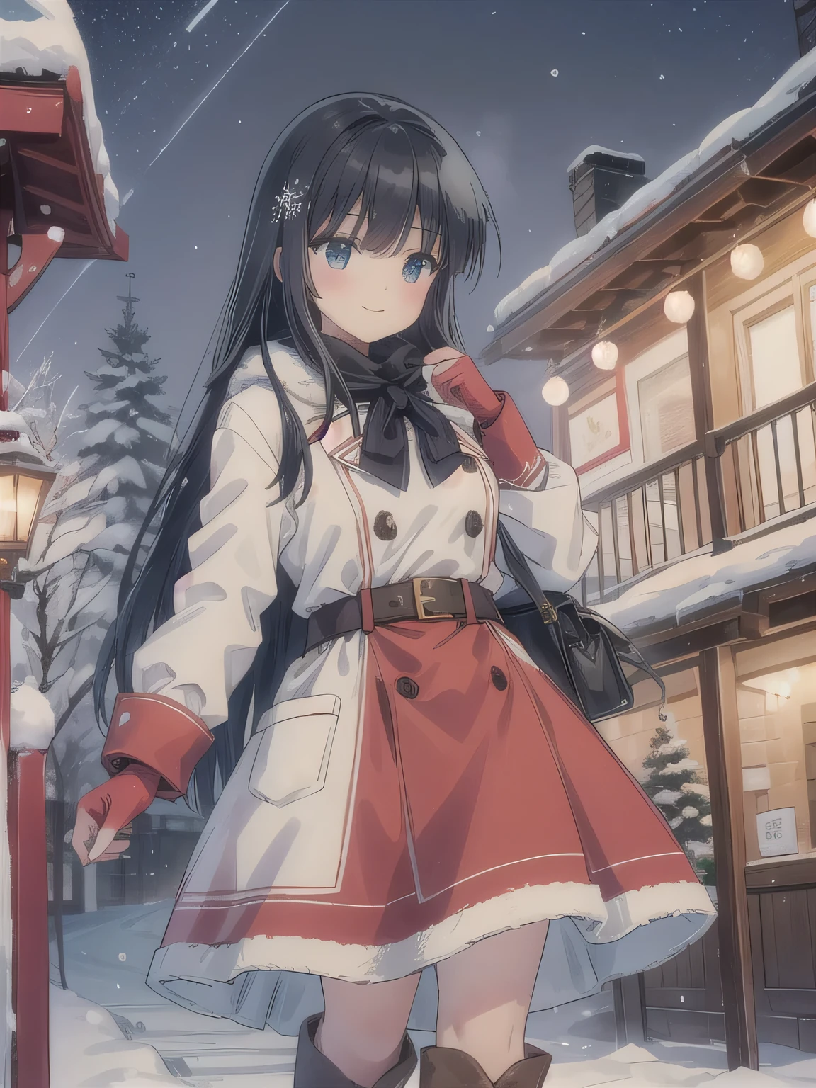 She is dressed in a classic Santa Claus outfit, with a red and white coat, a matching skirt, and black boots, perfectly tailored to her small frame. On her back, she carries a large, white sack filled with presents, the soft fabric of the bag hinting at its generous contents. The The background is a street corner illuminated with Christmas decorations, with the sky transitioning from a warm orange of sunset to the cool blue of night. Snowflakes gently fall, adding to the tranquil winter atmosphere. The girl’s bright and cheerful expression contrasts beautifully with the peaceful surroundings, evoking a sense of warmth and festive joy. ((( Pixel Perfect , Perfection in details))), smile.