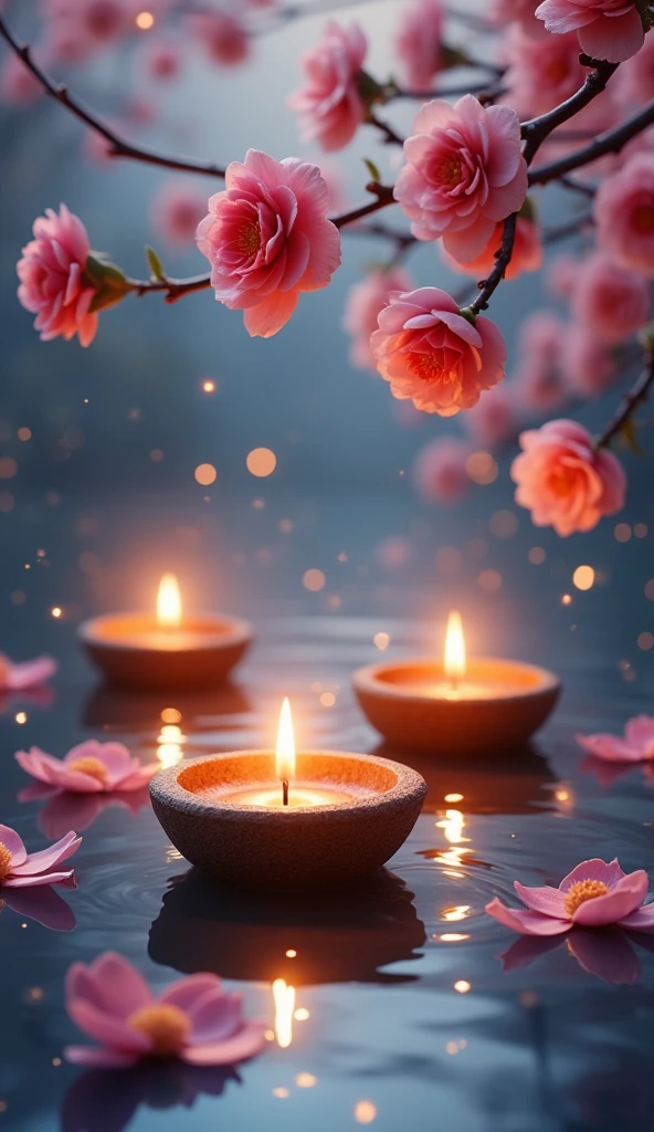 A hyper-realistic, 8K, high-resolution, ultra-detailed magical scene featuring glowing candle bowls floating on a calm, reflective water surface. The warm golden light from the candles illuminates the surroundings, creating intricate reflections and soft ripples in the water. Delicate camellia flowers (tsubaki) in full bloom hang gracefully from branches, their soft petals gently scattered on the water's surface. The camellias showcase vibrant shades of red, pink, and white, adding richness and beauty to the scene. Ethereal glowing light particles drift through the air, enhancing the mystical and serene atmosphere. The background features a dreamy bokeh effect in soft blue and purple hues, with a subtle interplay of light and shadow. The overall composition is peaceful, realistic, and breathtaking, emphasizing fine details, light play, and vibrant colors.