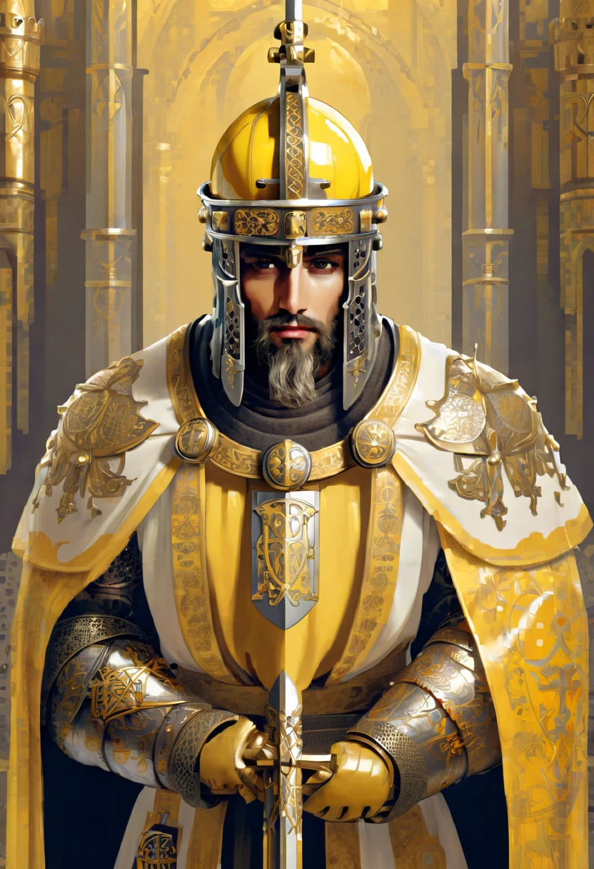 man, holy knight ,  crusader helmet with gold decorations,  yellow long robe ,  long chain mail ,  sacred armor seals , 