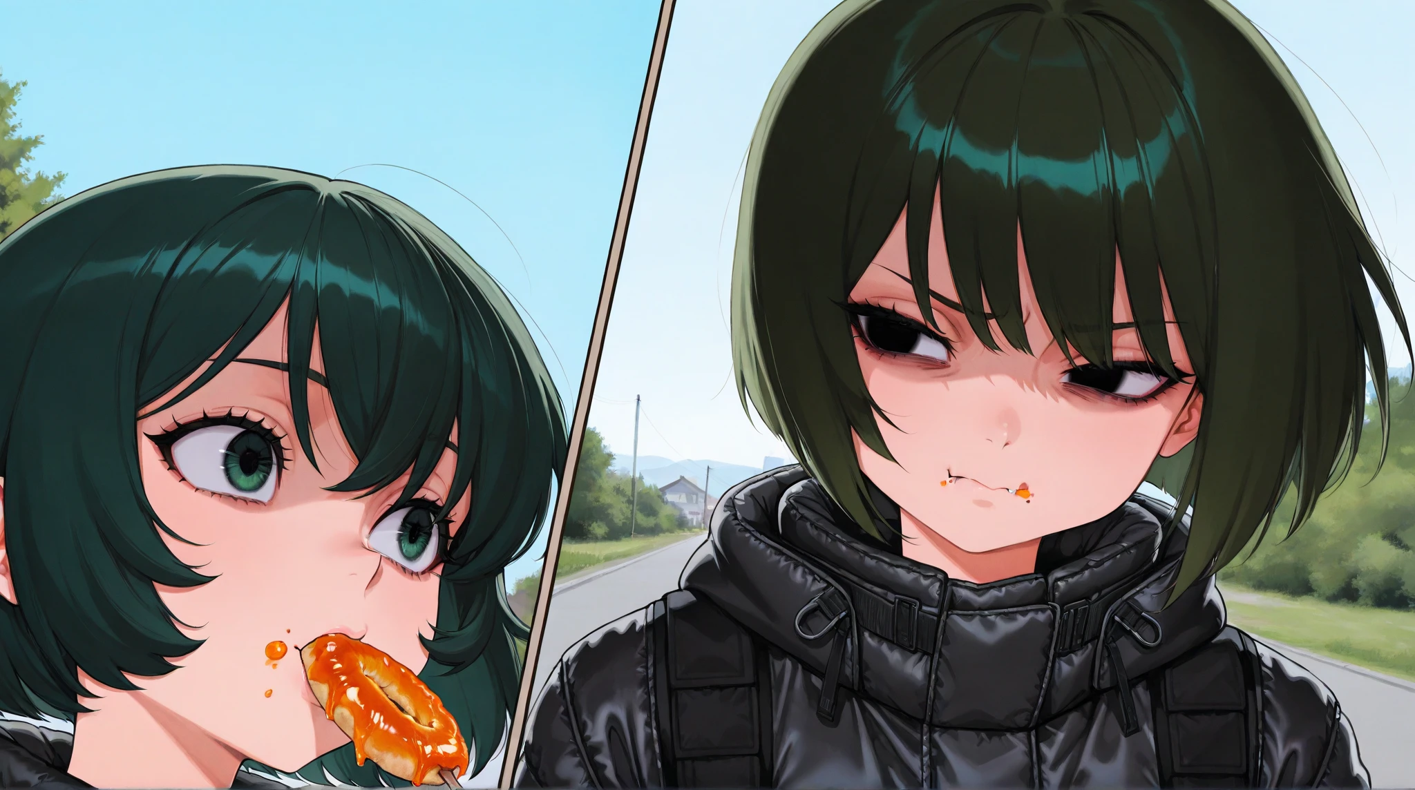 (A girl, the girl is , the girl has short hair, the girl has an airy bob, the girl has a scary look in her eyes, the girl has dark green hair, the girl's hair is a little fluffy, the girl is eating while walking, the girl is eating disgusting looking food, the girl's face is distorted by the disgust, the girl is wearing a black down jacket, the down jacket has fur) The background is a bustling open-air market, outdoors, a close-up of the bust, the person is depicted at an angle