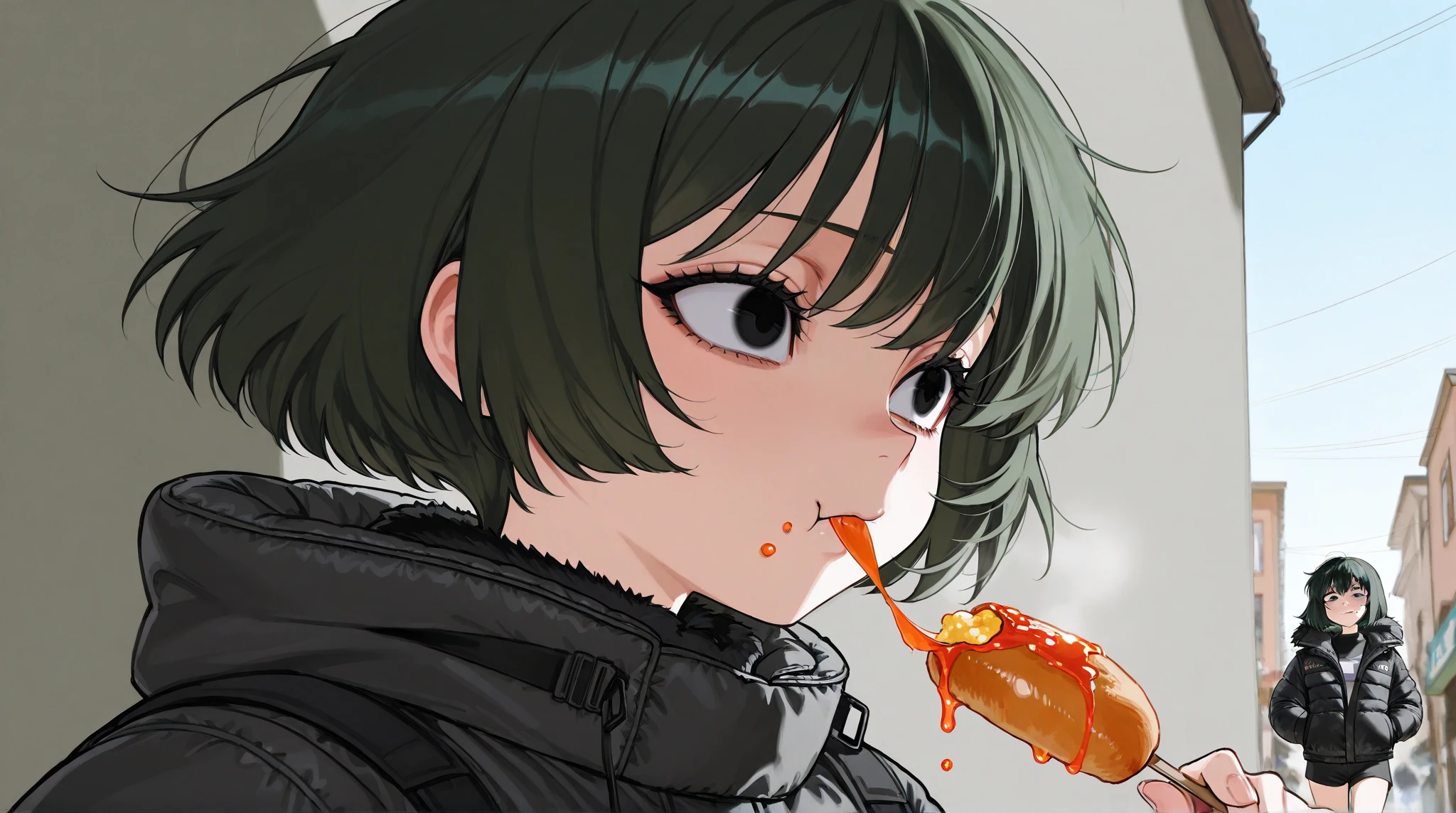 (A girl, the girl is , the girl has short hair, the girl has an airy bob, the girl has a scary look in her eyes, the girl has dark green hair, the girl's hair is a little fluffy, the girl is eating while walking, the girl is eating disgusting looking food, the girl's face is distorted by the disgust, the girl is wearing a black down jacket, the down jacket has fur) The background is a bustling open-air market, outdoors, a close-up of the bust, the person is depicted at an angle