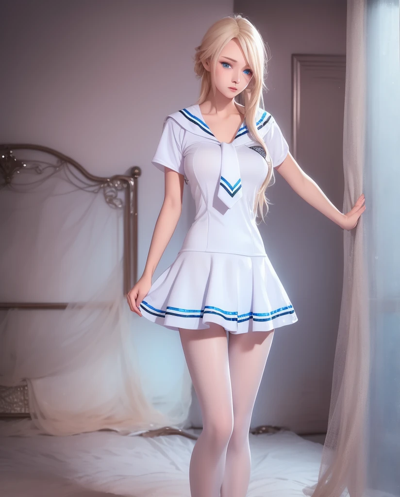     a beautiful girl,   blue eyes  ,   closed lips    ,   long hair  ,    high resolution , breast ,   blonde hair  ,  high resolution , outfit school dress, traje de marinero escolar , mirando la cámara, Postura elegante, sexy cuerpo sensual 