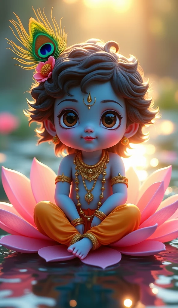 Lord Krishna as a baby, sitting on a pink lotus flower in a pond, playing a flute, wearing a golden crown with a peacock feather in it 