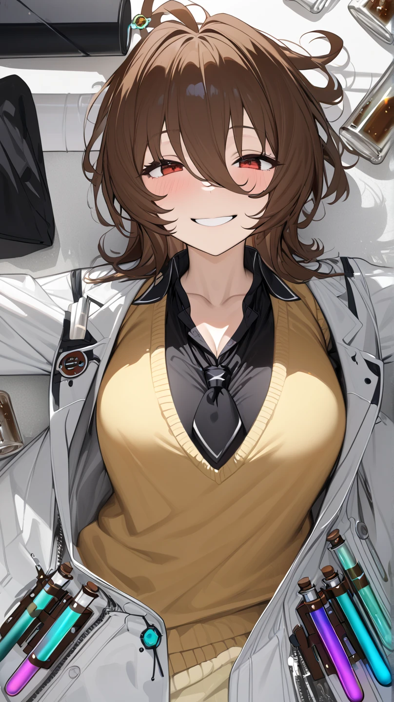  top quality, masterpiece,  high definition ,  Ultra Fine,  high detail, accurate, masterpiece, 
 Agnes Tachyon \(Horse Girl\), brown hair
Mad Scientist, (Shining Lab:1.2),  single earring,  Long Sleeve ,  sleeves are longer than wrists ,   sleeves are longer than fingers,  colored shirt ,   black shirt ,  yellow sweater ,  sweater vest,  black tuxedo ,  short tie,  open coat, white coat, white, Test tube, bottle, zipper,  Black Pantyhose, 
 slightly crazy smile,Lie on the floor,Lie down on the floor, raise both arms above head, closeup ,clavicle, cleavage