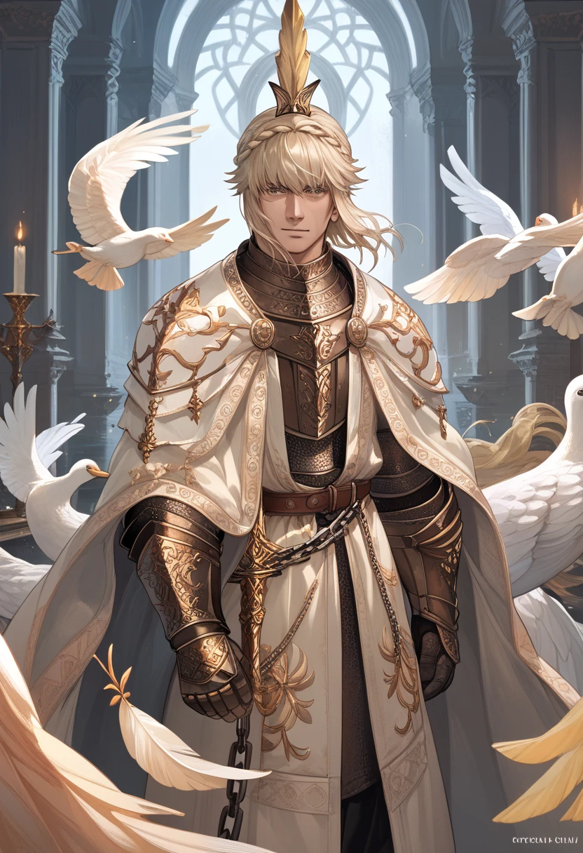 man, holy knight , topfhelm with swan feathers,  yellow long robe ,  long chain mail ,  sacred armor seals , dark fantasy, 