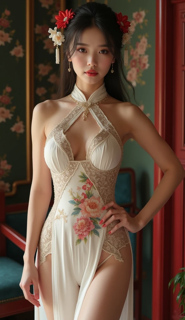 expensive_fashion, designer dresses, Beautiful woman posing for photo, Elegant hairstyle, catwalk \(aisle\), (sexy silk embroidery dress:1.2), (mode, red carpet, large crowd:1.5)、highest quality、16K high resolution、Super detailed、masterpiece、Live shooting、realistic:1.4、hyper realism:1.4、sharp focus、very delicate and beautiful、small details、(Spread the hem of your dress:1.3)、(show panties:1.3)、(white panties:1.1)、(super beautiful)、(beautiful face:1.5)、(naked thighs)、(detailed face)、(thin and beautiful eyes)、Perfect round eyes、(lip details)、(lipstick)、(eyeliner)、mascara、eye shadow
