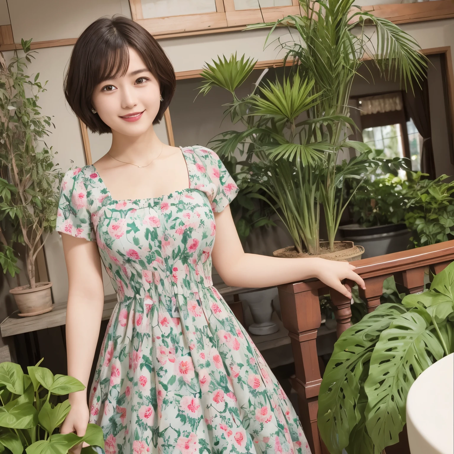 339 (20-year-old female, short hair), ( high image quality), (smile), ( Colorful Dress), ((Arietti's View of the World )), (BIG PLANTS ), (Dollhouse)