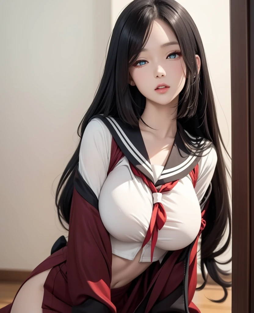 Most Real、top-quality、best pixels、8k ultra、 1girl, portlate、beautiful countenance、A detailed face、perfectly proportions、爆乳、big breasts thin waist、nabel、Crotch gap、thighs thighs thighs thighs、Chinese-style clothing、Ancient costumes with many phoenix patterns、thin mesh black socks、Perfect white and pink face、Waist length with black hair、very beautiful and sharp brown eyes、Small red lips、Painted lips、A charming smile、White and teeth、lofty nose、big round chest、 long slender legs、crown on head、Jewelry worn around the neck、耳Nipple Ring、Top of the red lace、Deep-breasted nightgown、The background is inside the castle、Blur background、