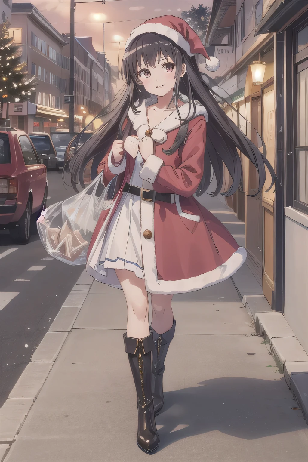 She is dressed in a classic Santa Claus outfit, with a red and white coat, a matching skirt, and black boots, perfectly tailored to her small frame. On her back, she carries a large, white sack filled with presents, the soft fabric of the bag hinting at its generous contents. The The background is a street corner illuminated with Christmas decorations, with the sky transitioning from a warm orange of sunset to the cool blue of night. Snowflakes gently fall, adding to the tranquil winter atmosphere. The girl’s bright and cheerful expression contrasts beautifully with the peaceful surroundings, evoking a sense of warmth and festive joy. smile.