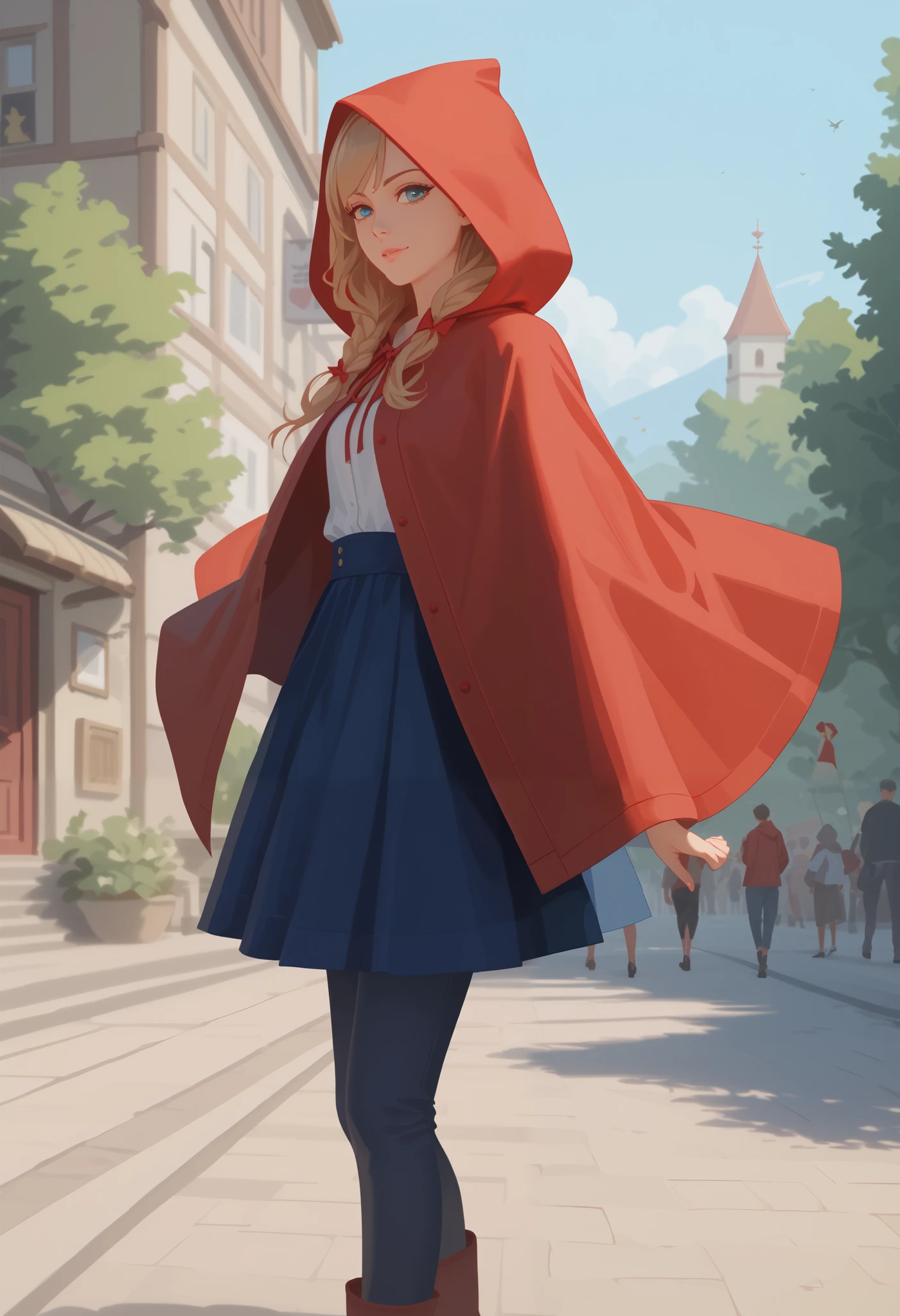 postcard design, story of Little Red Riding Hood, flat Design, anime, vector illustrations, graphic illustration, detailed 2d illustration, flat illustration, digital illustration, digital artwork, lineless, frat color, no lineart,