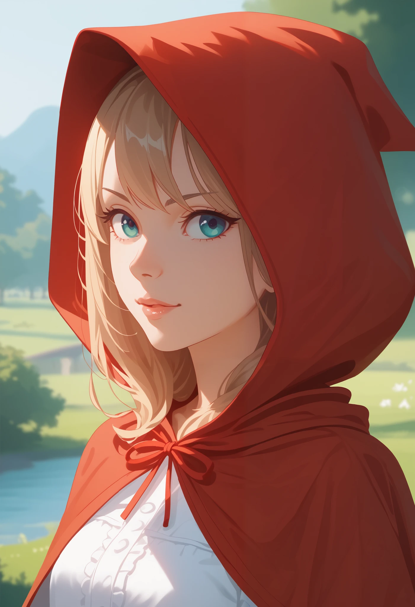 postcard design, story of Little Red Riding Hood, flat Design, anime, vector illustrations, graphic illustration, detailed 2d illustration, flat illustration, digital illustration, digital artwork, lineless, frat color, no lineart,