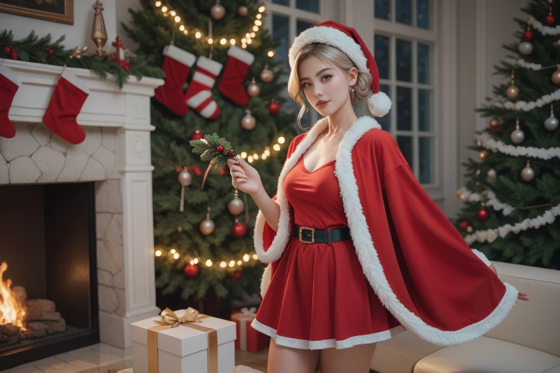(1 Sexy Woman, Solo, Blonde Hair, Short Hair, Santa Claus costume, mini-skirt, Santa Claus Hat, Sitting on the chair, Zoom-Up:1.4), (Detailed Eyes, Glossy Lip, cross her legs, Smile, Cleavage:1.5), (Cowboy Shot1.3), (night sky, winter scene, snow covered cityscape, christmas decorations:1.8), ((anatomically correct)), (Futuristic Portrait), (Extreme-Close-Up:1.5), Smile, Rim Lighting, Cinematic Light, Earrings, necklace, Look at viewer, no futuro telhado de luz neon, SSCI - FI e Fantasia, intrincado e muito bonito e elegante, altamente detalhado, pintura digital, art-station, arte conceitual, smooth and sharp focus, illustration, Arte de Tan Zi e Ayanamikodon e Alphonse Mucha e Wlop